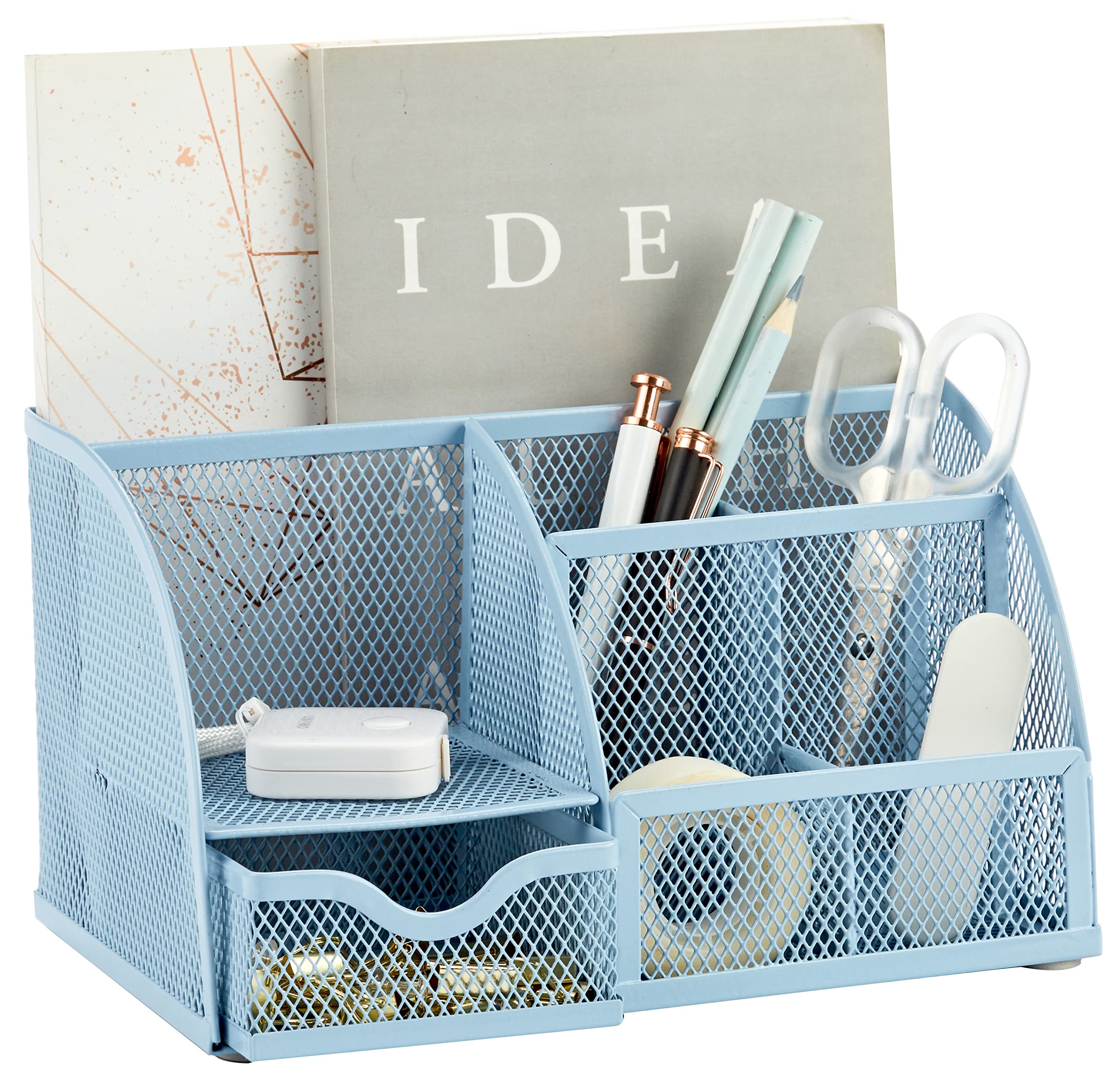 Annova Mesh Desk Organizer Office with 7 Compartments + Drawer/Desk Tidy Candy/Pen Holder/Multifunctional Organizer (New Blue)