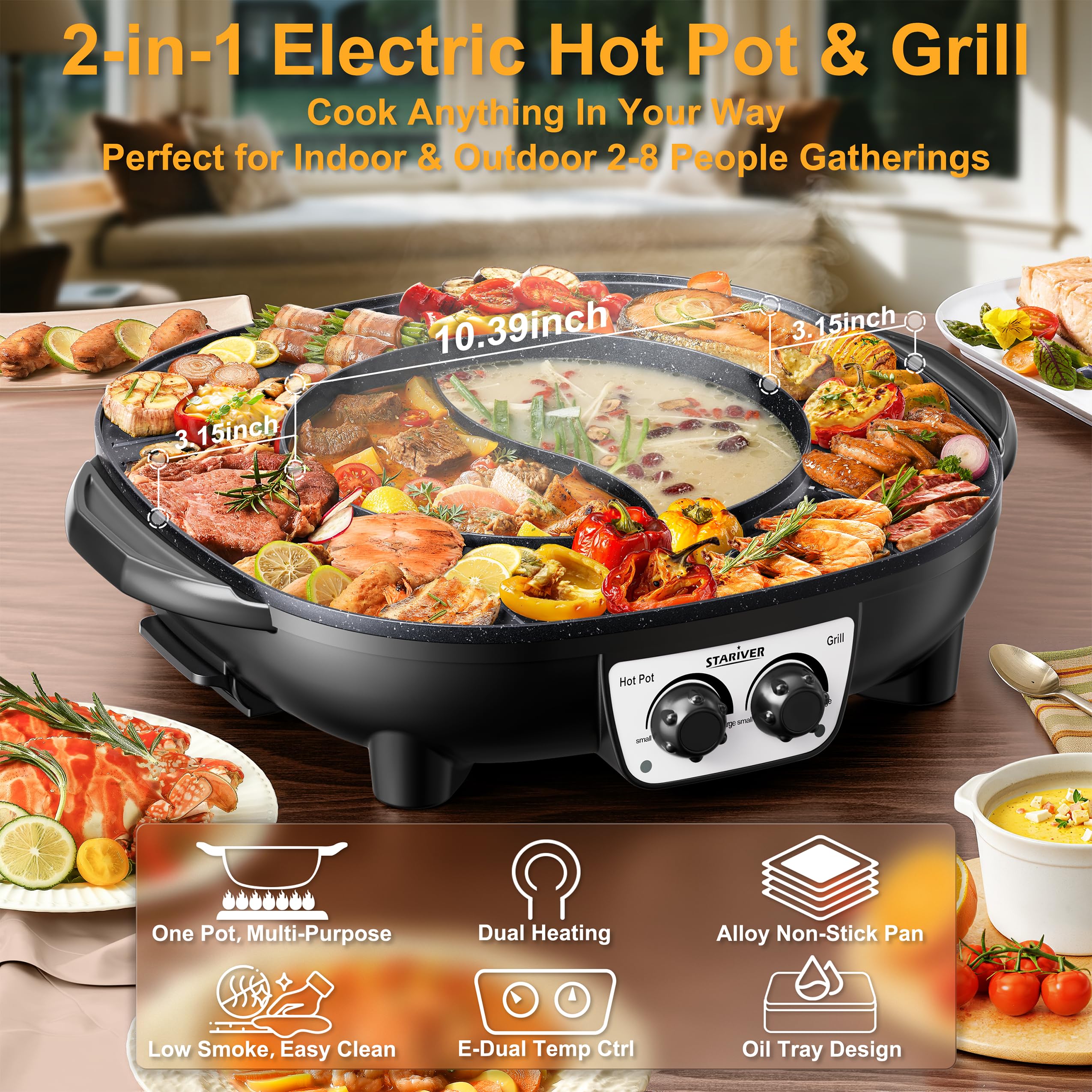 Stariver Hot Pot Electric with Grill 2 in 1, Indoor Korean BBQ & Shabu Shabu, Features Easy-clean Non-stick Coating, Dual Controls, 1800W Fast Heating, Perfect for Family Gatherings or Friends Parties