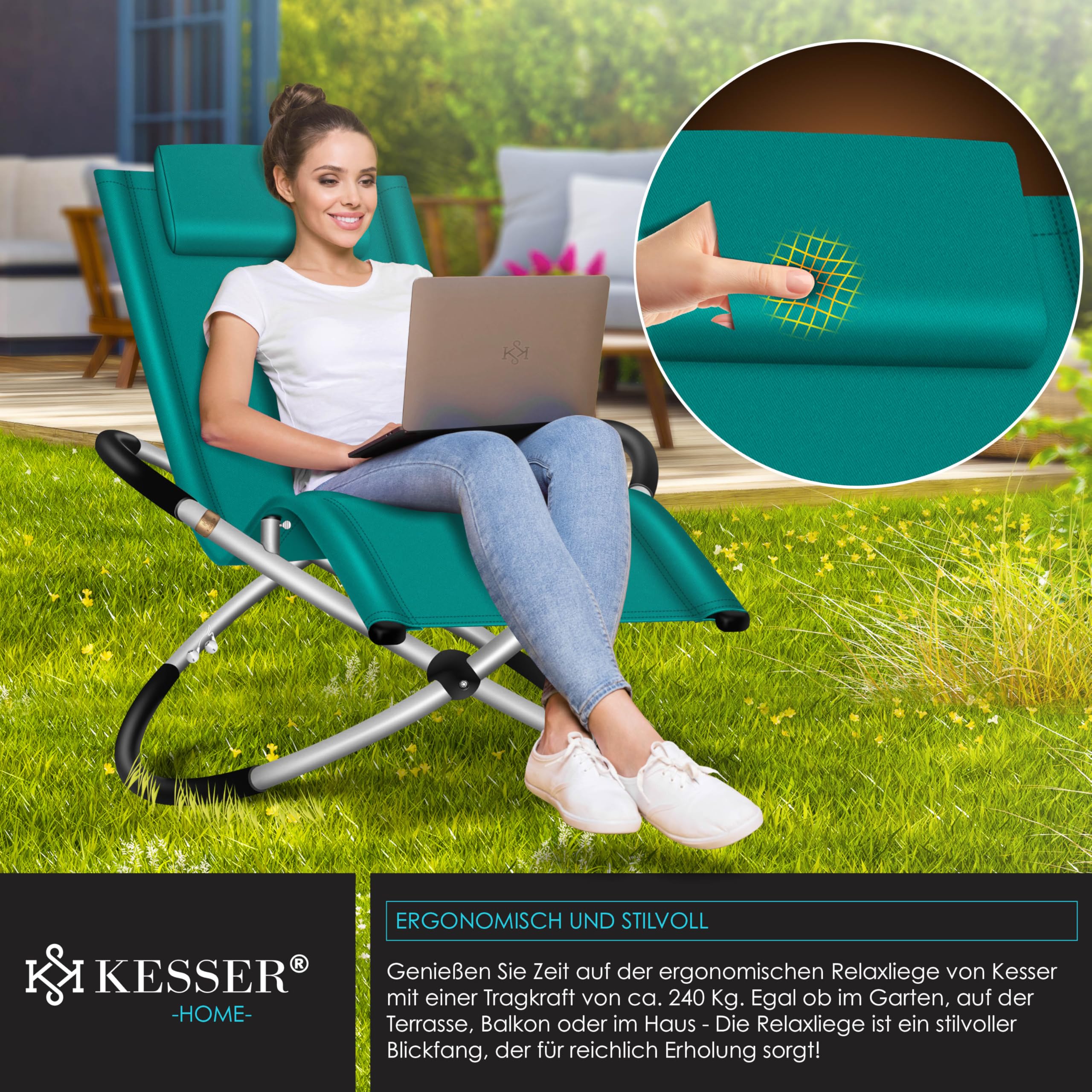 KESSER® Relaxliege Liegestuhl | Gartenliege Sonnenliege | Gartenstuhl | Klappstuhl faltbar | Schwungliege | Schaukelsessel | ergonomische Relaxsessel | wetterfest | 180 kg Belastung, Petrol Grün 3
