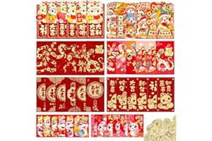 ABONDEVER 48 Pcs Chinese New Year Red Envelopes Year of the Snake Red Envelopes Lunar New Year 2025 Cartoon Snake Hong Bao Lucky Money Pockets and 60 Pcs Chinese Feng Shui Coins