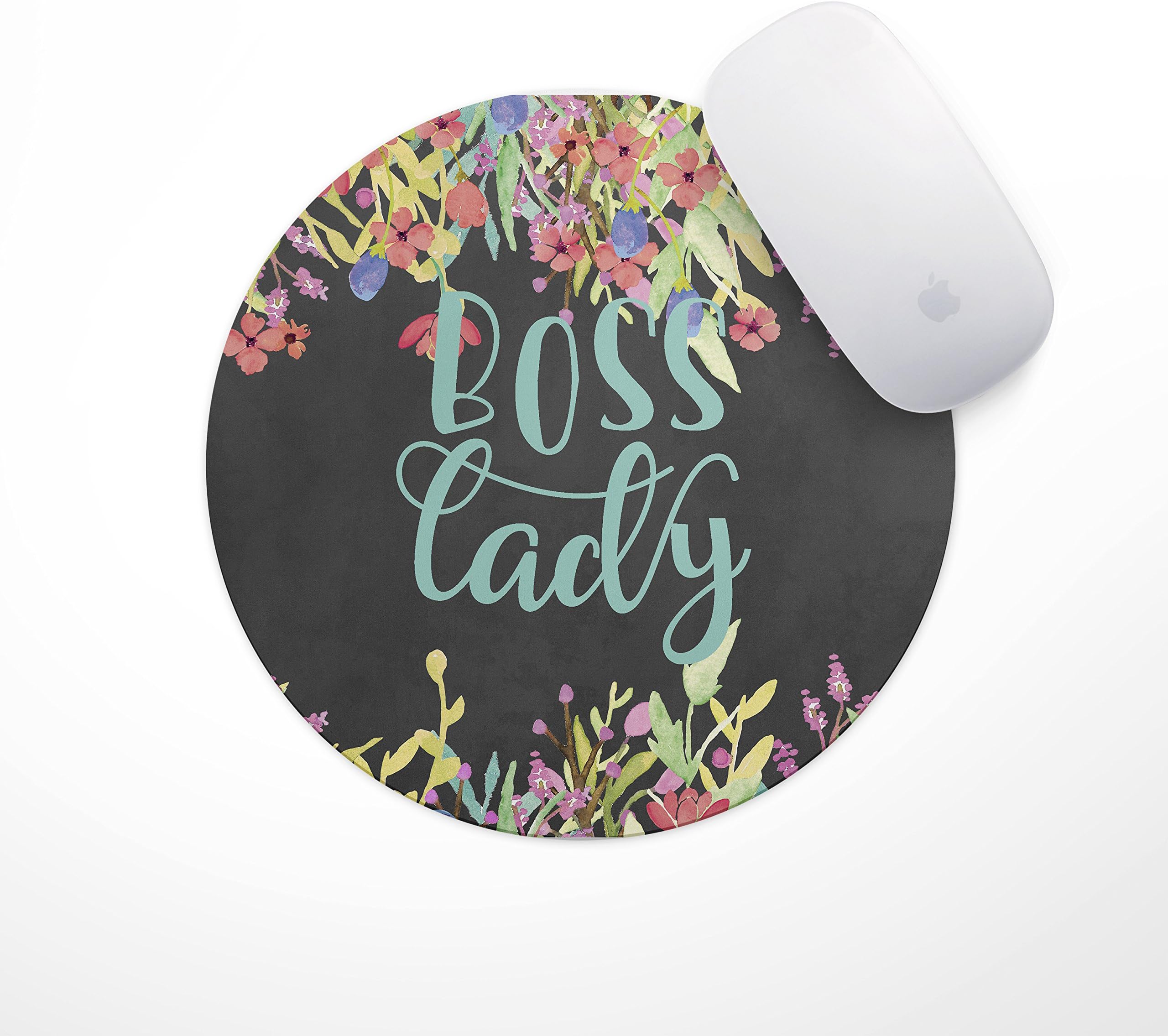 Boss Lady Floral Mouse Pad | Neoprene Inspirational Quote Mousepad Office Space Decor Home Office Computer Accessories Mousepads Watercolor Pink and Blue Florals