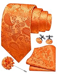 GUSLESON Orange Tie for Men Paisley Wedding Silk