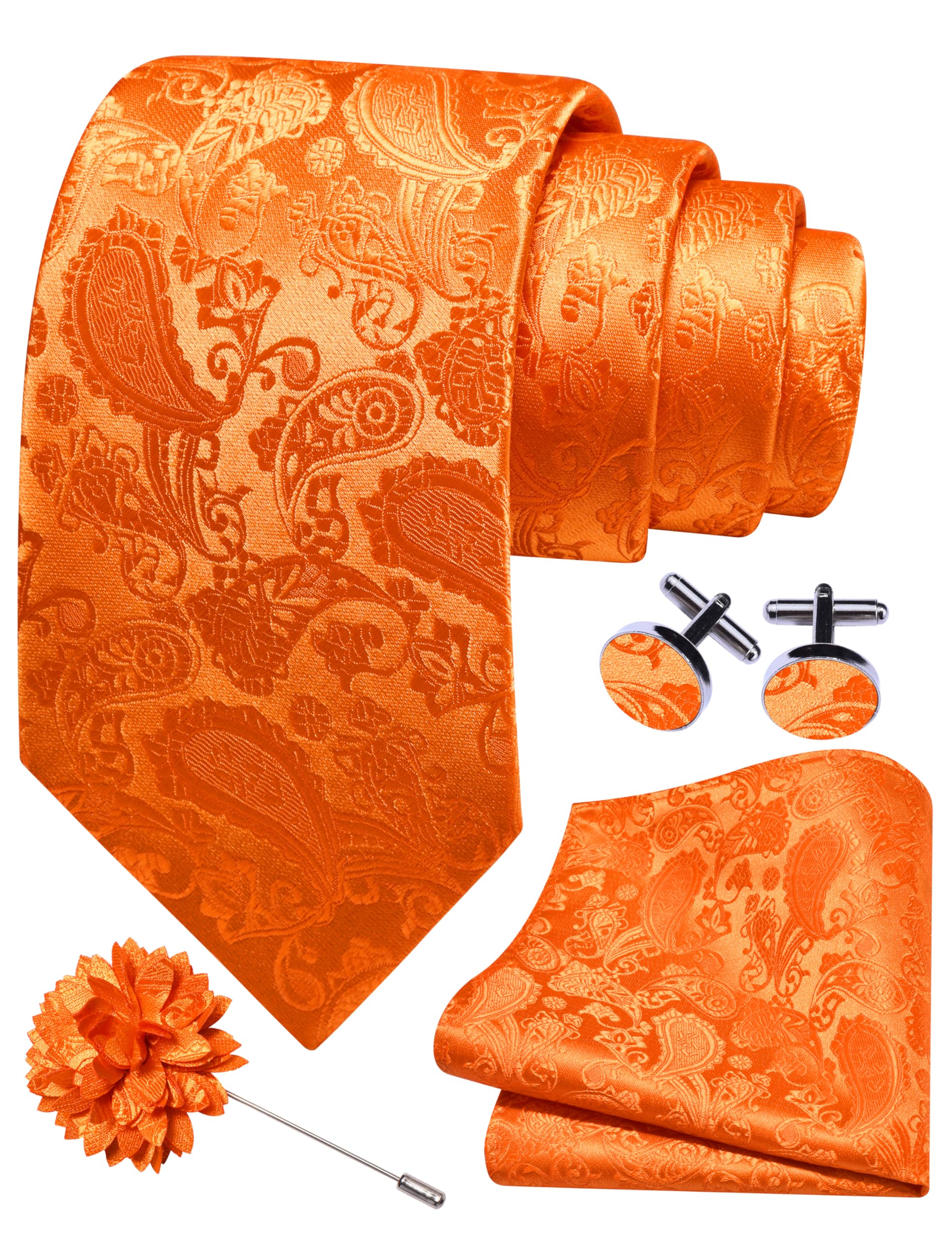GUSLESON Orange Tie for Men Paisley Wedding Silk
