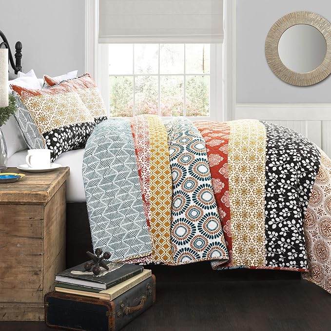 Lush Décor Bohemian Striped Quilt Reversible 3 Piece Bedding Set, King