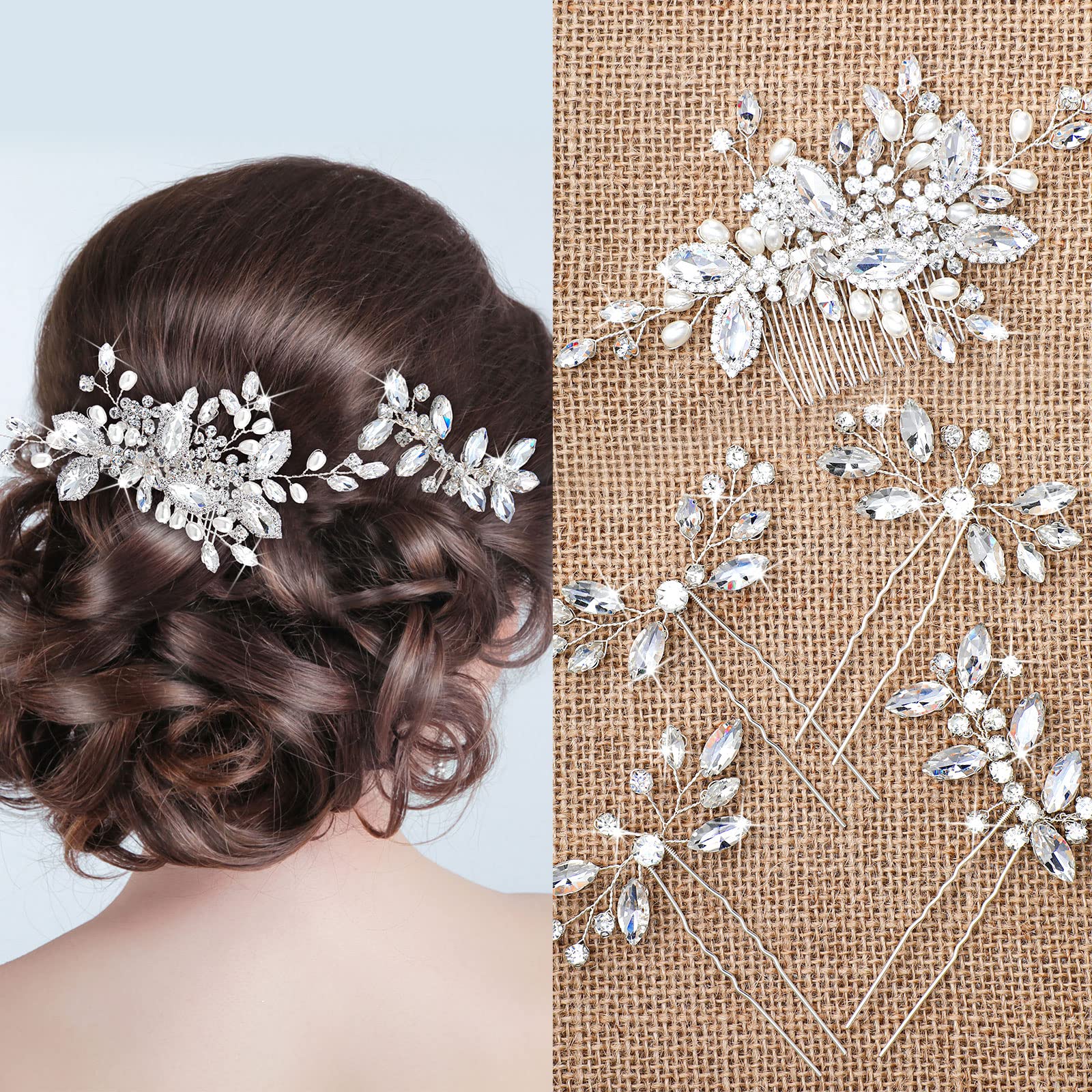 5 Pcs Wedding Hair Comb Crystal Bride Wedding Hair Comb Silver Bridal Pieces Pearl Rhinestone Bridal Accessories for Brides Women