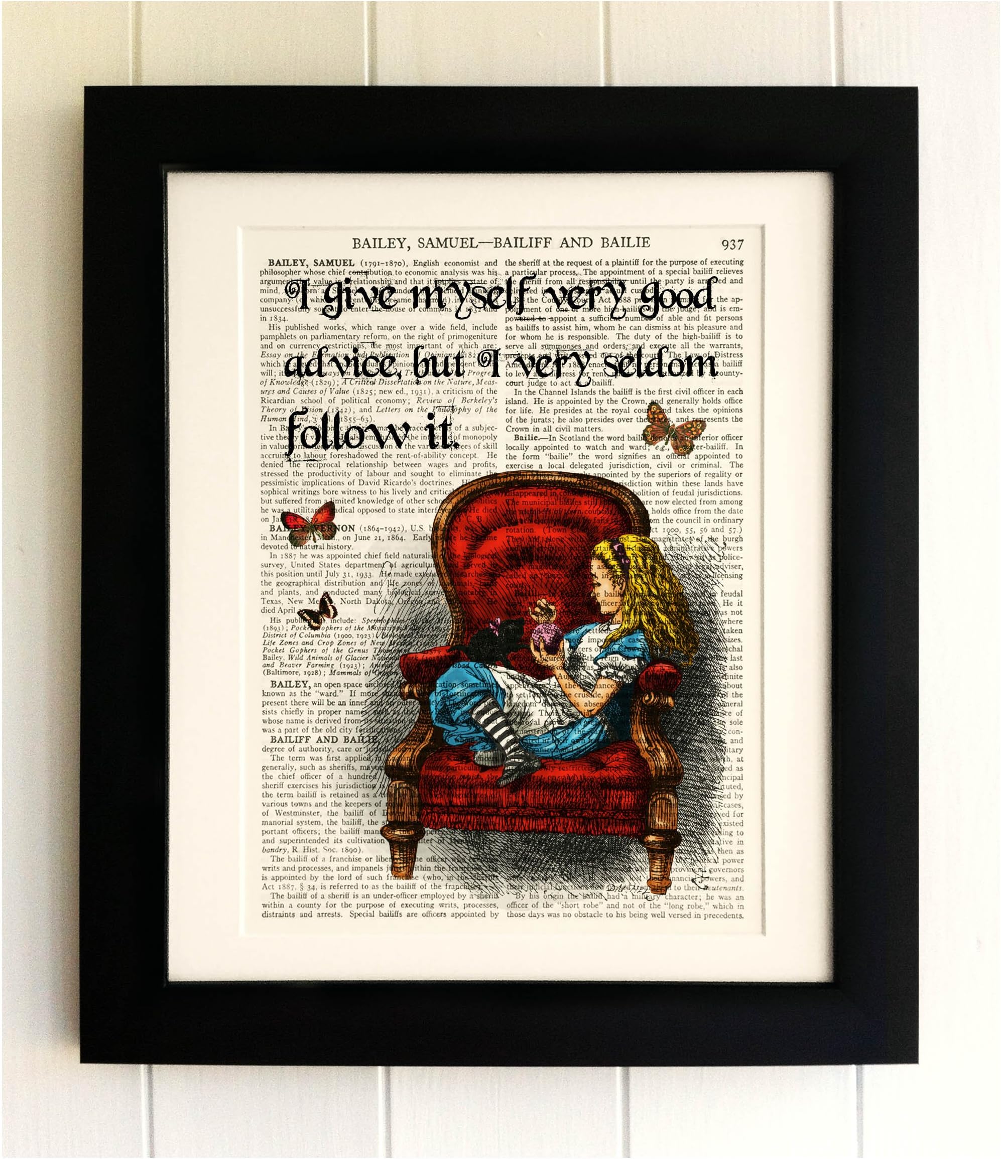 Framed Alice in Wonderland Art Print ON Old Antique Book Page - Alice Quote, Vintage