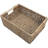 Large Natural Wicker Basket Rectangular with Wooden Handles, Seagrass Storage for Organizing, Shelves 15.5 x 10.6 x 5.5 inches