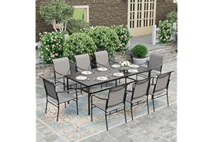 HERA'S HOUSE 9 Pieces Patio Dining Sets, 8 Person Outdoor Table and Chairs, 83" Rectangular Metal Table with Umbrella Hole and Unique Armrest Chairs for Backyard Garden Deck Lawn