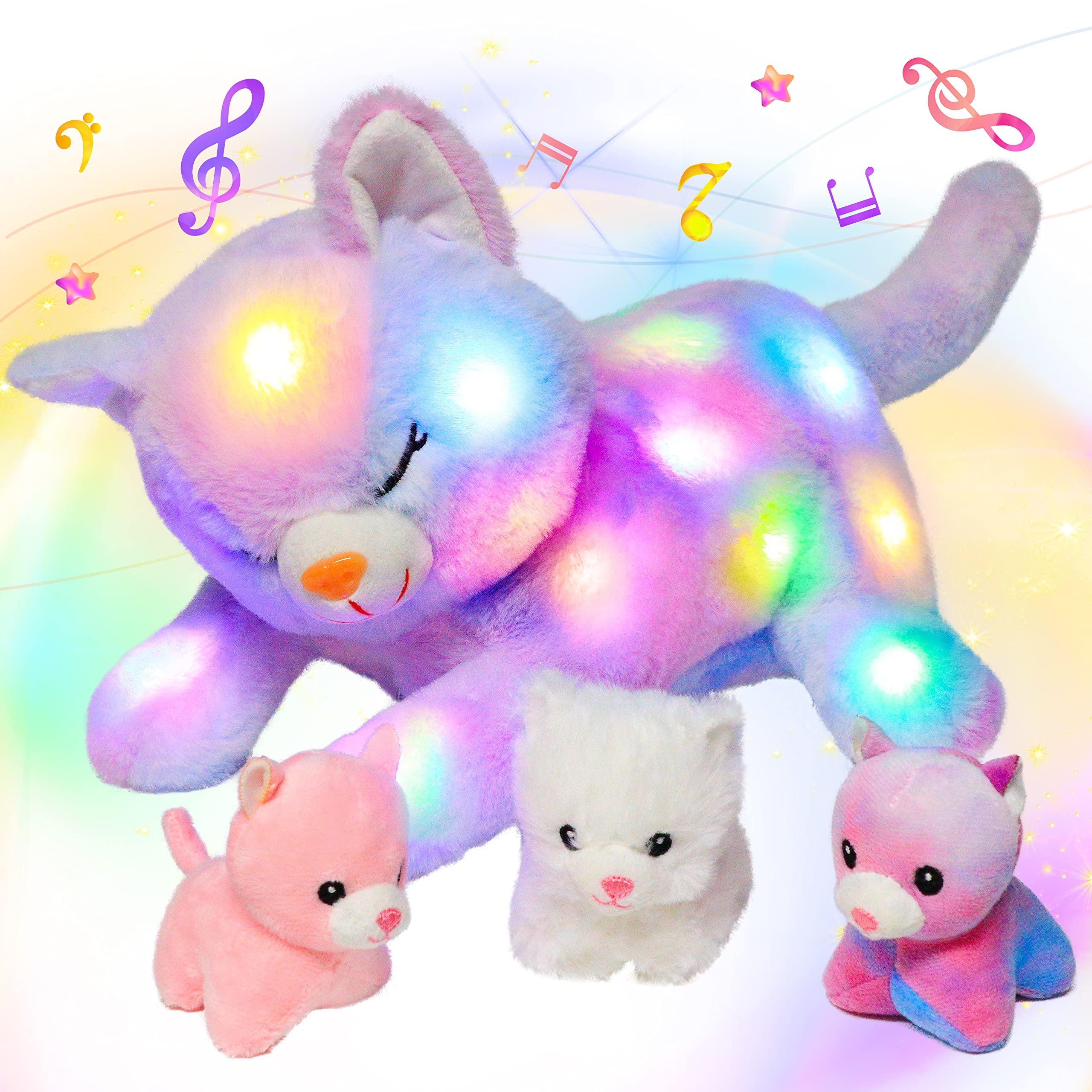 Photo 1 of Hopearl LED Musical Stuffed Cat Lighting Up Singing Plush Toy Playset Mommy Cat with 3 Baby Kittens in her Tummy Lullaby Animated Soothe for Mom Kids Toddler Girls, Rainbow, 18''