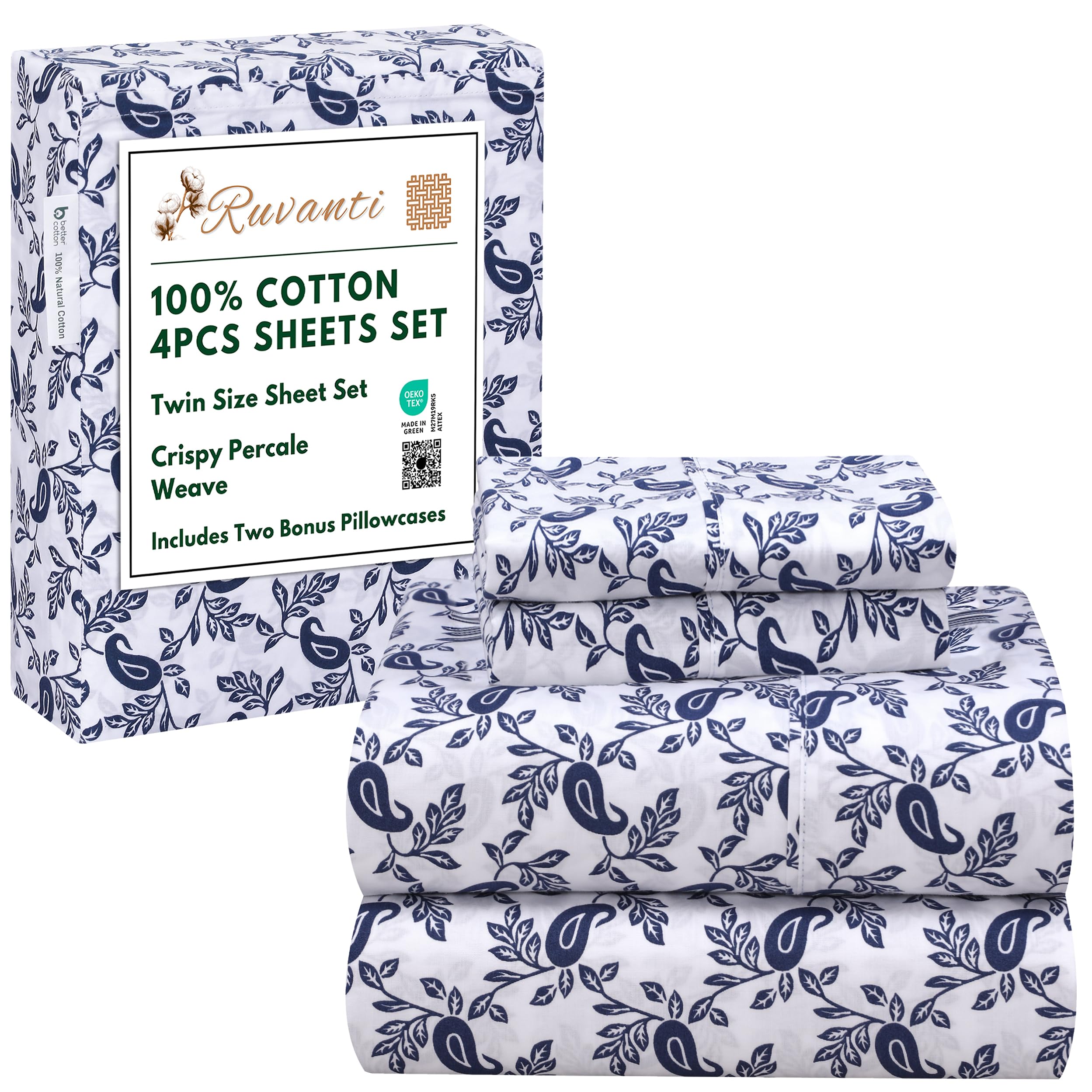 Photo 1 of RUVANTI 4 Pcs Cotton Sheets - 100% Natural Cotton Soft, Lightweight & Breathable Crispy Percale Bed Sheets, Twin Sheets Set 16" Deep Pockets, Paisley Ornament