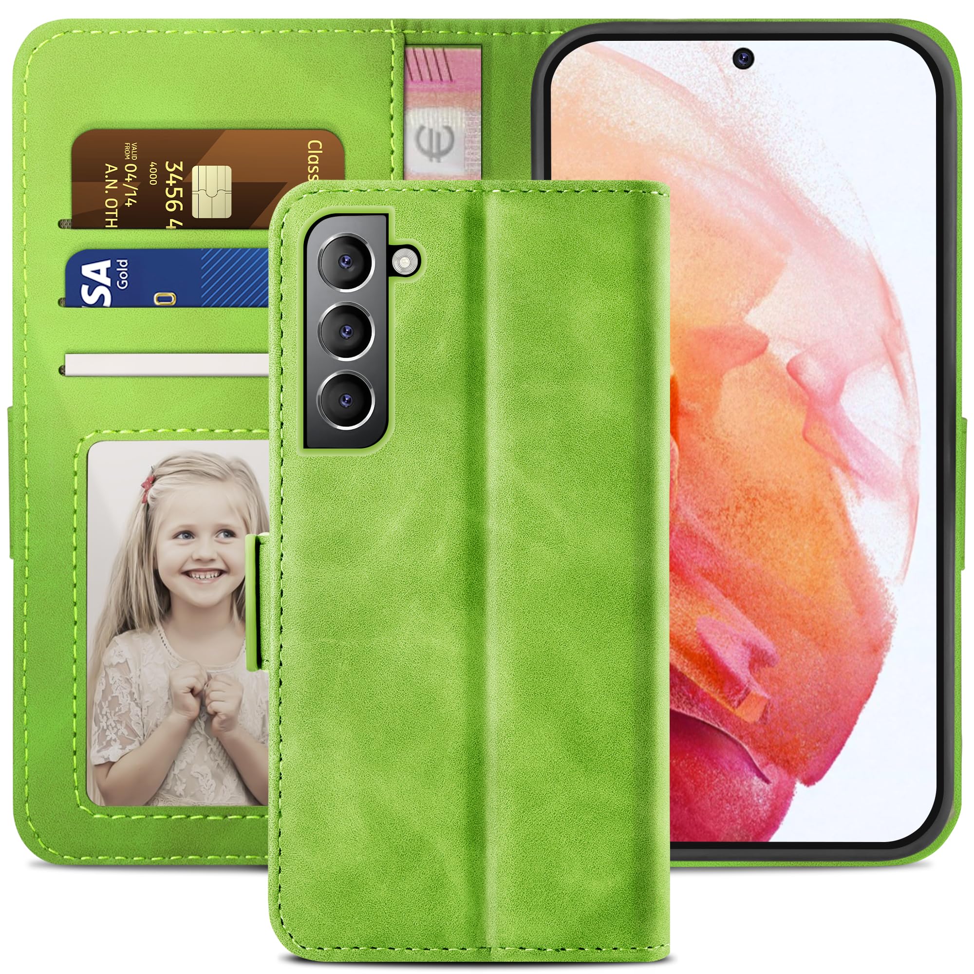 YATWIN Compatible with Samsung Galaxy S21 Case, Flip Wallet Leather Case with Card Slot and Shockproof Function Kickstand Phone Cases Cover for Samsung S21 - Green