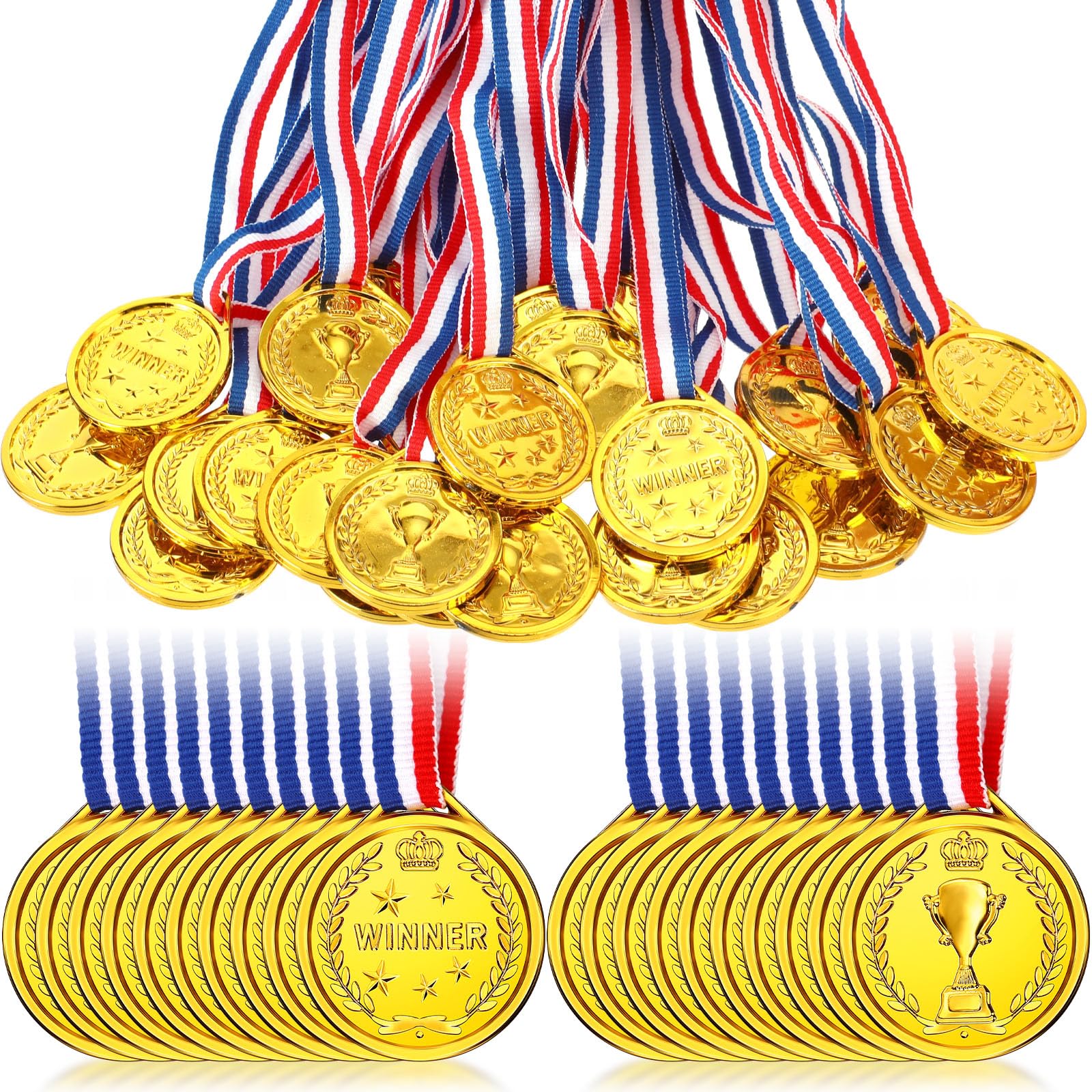 Photo 1 of Gejoy 30 Pieces Gold Plastic Winner Award Medals, Gymnastics Field Day Awards for Sports, Competition, Talent Show, Spelling Bee Birthday Party Favors Gifts(Bright Style)