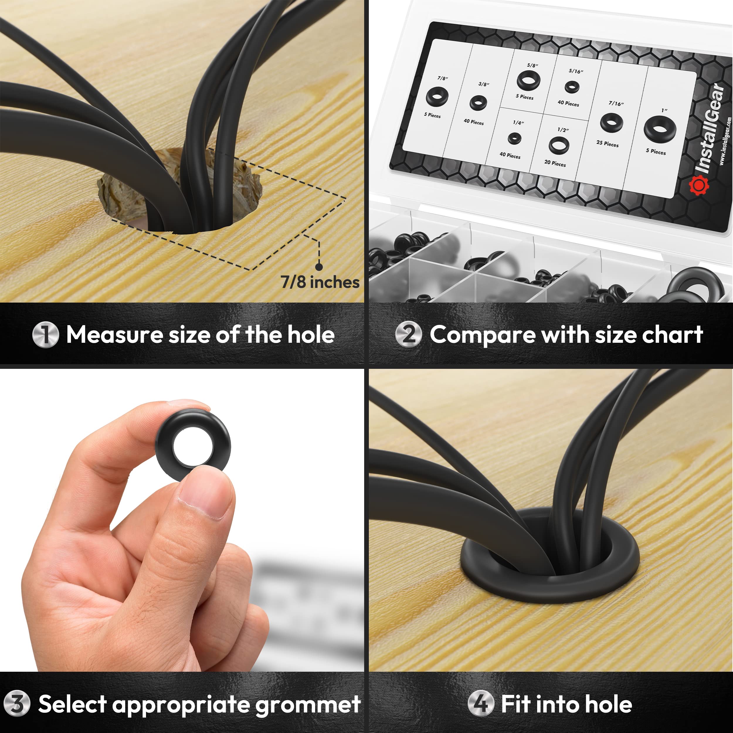 InstallGear 180pc Assorted Rubber Grommet Kit 8 Sizes (1/4", 5/16", 3/8", 7/16", 1/2", 5/8", 7