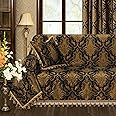 Loom and Mill Luxury Sofa Covers, Classic Damask Jacquard Thick Chenille Couch Cover Furniture Protector with Lace Edge and Handmade Tassels for Pet, Dogs and Cats (Black&Gold, 71x118 inch)