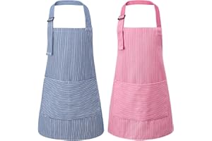 2Pcs Kids Aprons, Adjustable Children's Cooking Aprons with Pockets, Striped Toddler Apron for Cooking Baking Painting