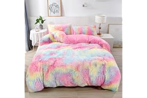 RYNGHIPY 3Pcs Rainbow Girls Bedding Sets Twin Size Ultra Soft Long Hair Plush Shaggy Duvet Cover with Pillowcases Colorful Tie Dye Bedding Set with Hidden Zipper Closure (Colorful Pink,Twin)