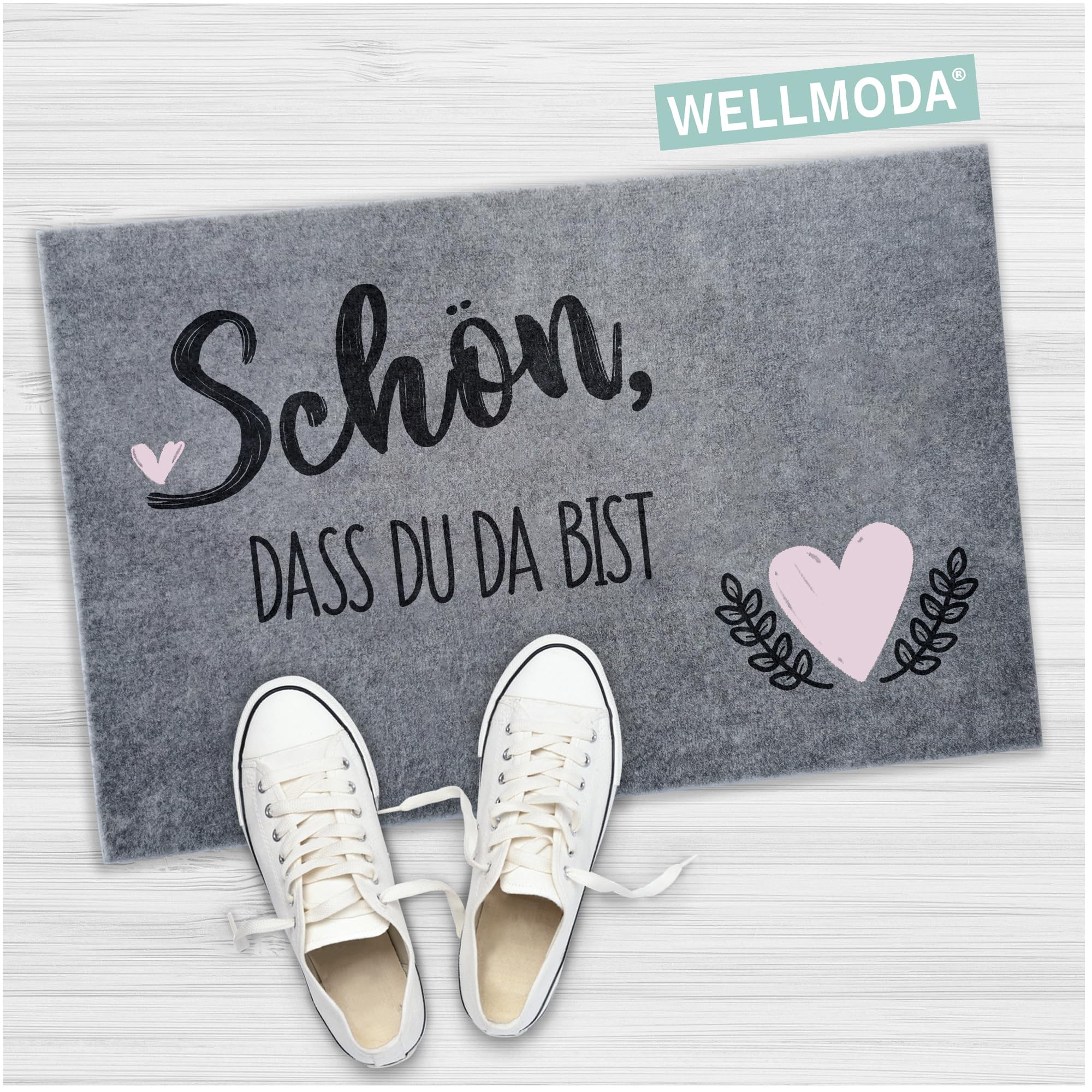 WELLMODA® Doormat I Schön, dass du da bist I Waschmaschinen geeignet & rutschfest I Doormat für außen & Innen I Doormat for Front Door, Decoration in 40 x 60 cm & Grey