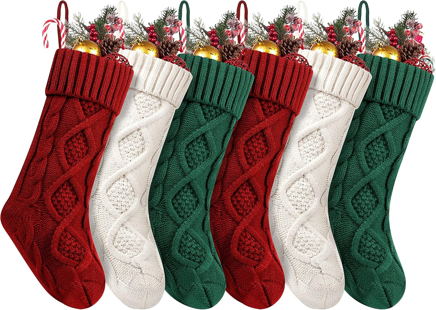 Stockings & Holders - Fesciory 6 Pack 18 Inches Large Size Cable Knitted Stocking Gifts & Decorations for Family Holiday Xmas Party, Burgundy&Ivory&Green