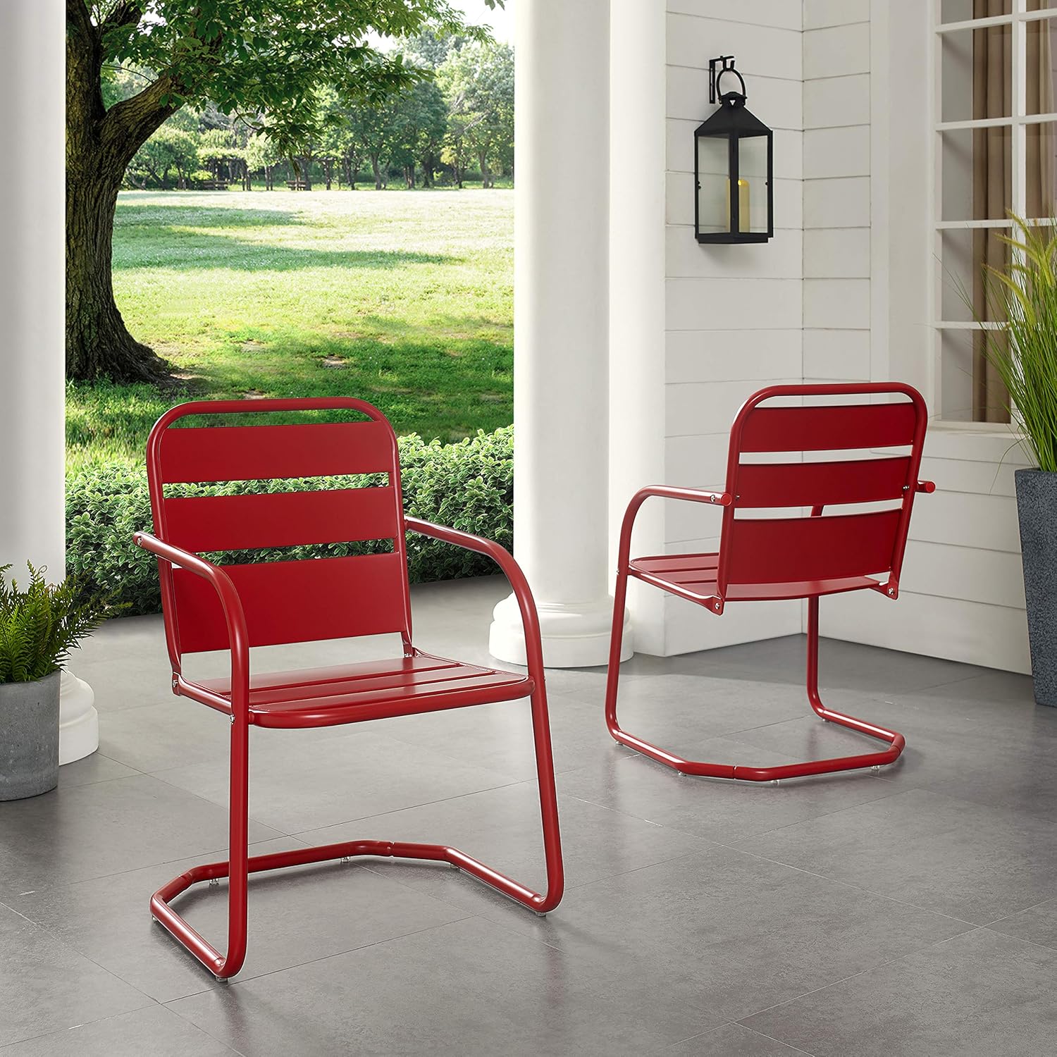 Crosley Furniture CO1030-RE Brighton Retro Metal Chair, Set of 2, Red : Garden & Outdoor