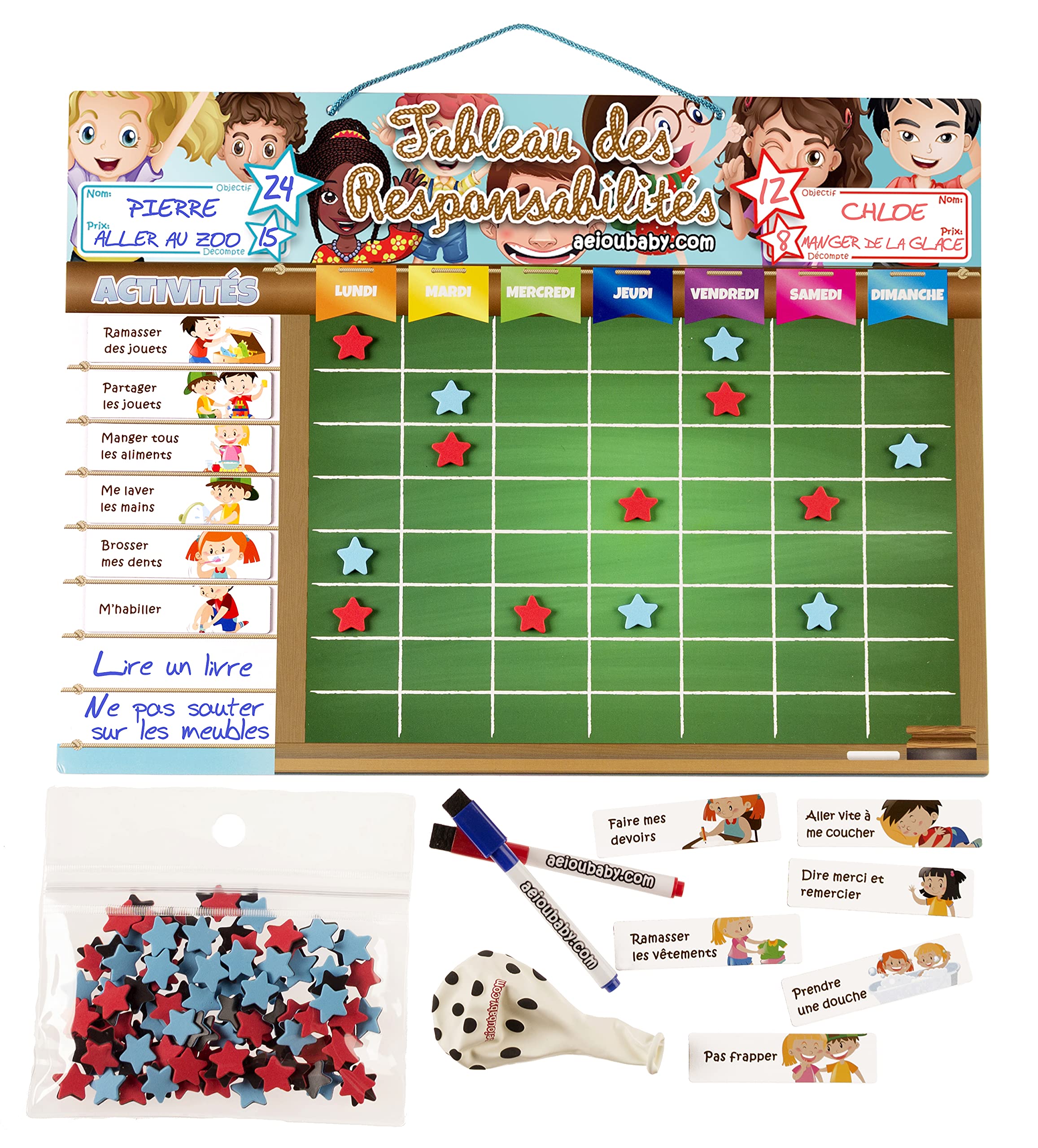 REWARD CHART Magnetic Large | Star Chart for wall or refrigerator, 17x12.6 in.| 22 activities, 2 markers and 1 balloon | Presentation box perfect as a gift for children and birthdays (French)