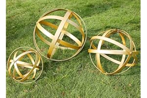 HEYTIMI Sets of 3 Gold Garden Spheres Metal Band Decorative Balls Outdoor Indoor Folding Orbs Sculpture for Patio Yard Home Decor, Assorted Sizes 12", 10", 7.15"
