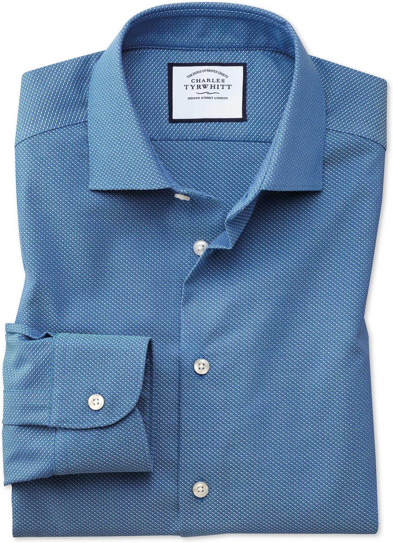 Classic Fit Business Casual Non-Iron Blue and Teal Dash Dobby Cotton Formal Shirt Single Cuff by Charles Tyrwhitt