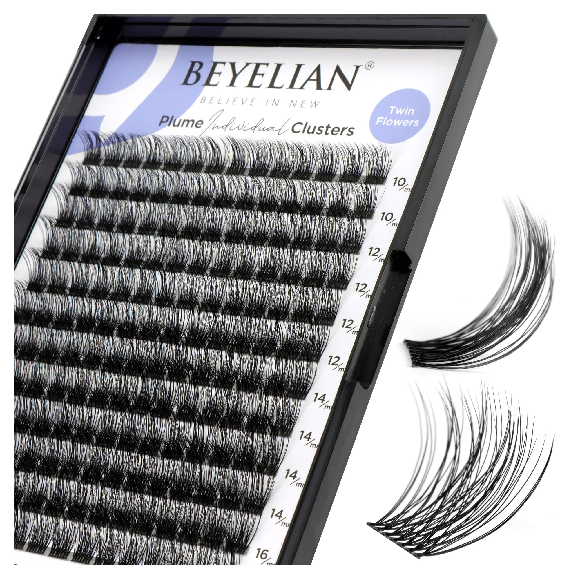 BEYELIAN Cluster Lashes, D+ Curl Individual Lashes, 168 Pcs Cluster Eyelash Extensions 0.07mm 10-16mm Mixed DIY Lash Clusters Reusable Super Thin Black Band Eyelashes at Home (Twin Flowers)
