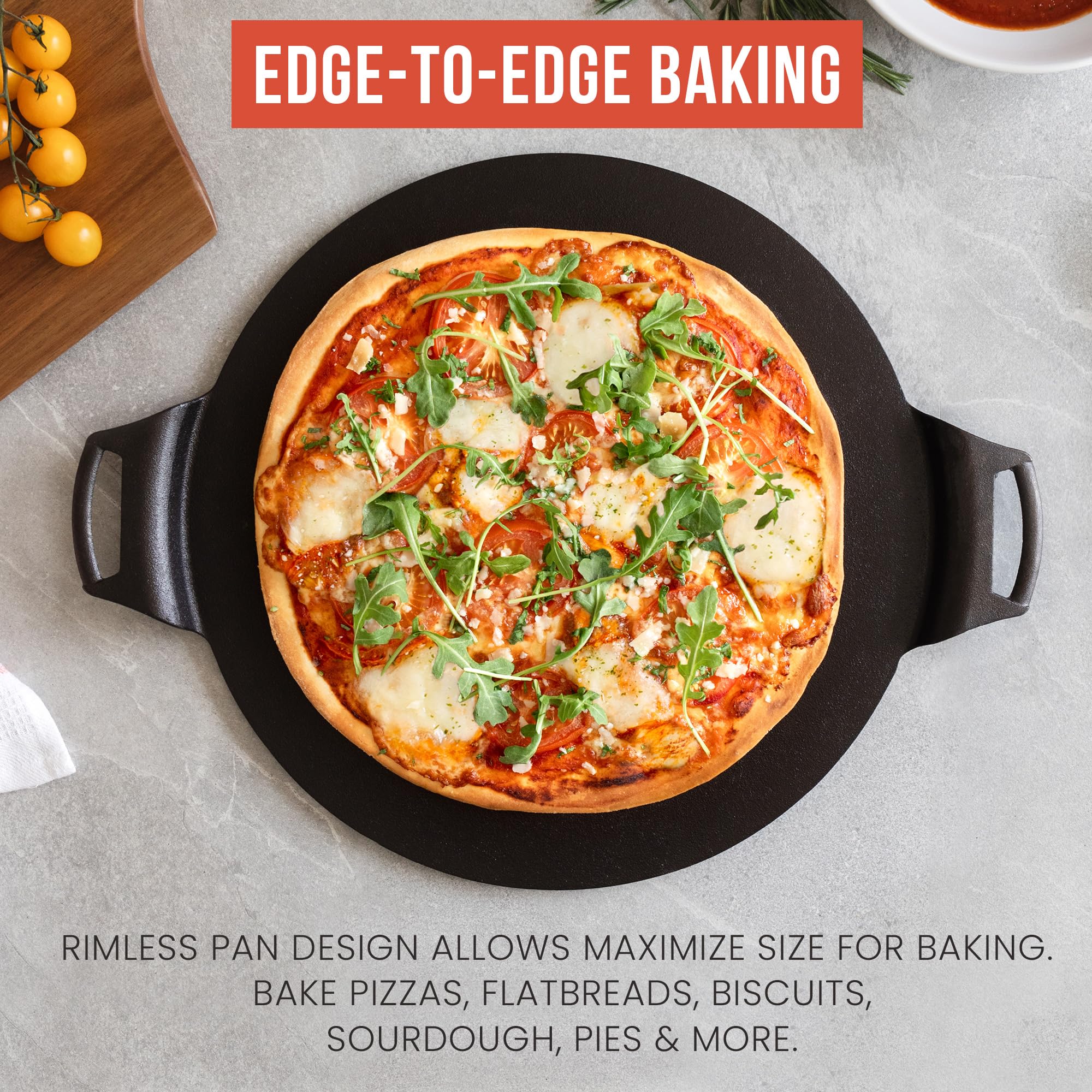 Chef Pomodoro Cast Iron Pizza Pan, Pre-Seasoned Dosa Pan with Handles, Flat Pan for Oven, Round Griddle for Dosa Tawa Roti, Comal for Tortillas, Baking Stove, Oven, Grill BBQ and Campfire (15-inch)