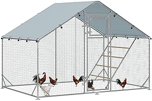 PawHut Chicken Run, Large Metal Chicken Coop with Feeding Door, Waterproof & UV-Resistant Cover, Hanging Feeder, Perch, Poult