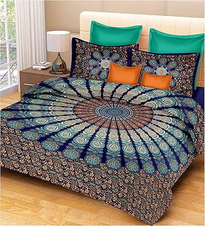Tiger Exports 100% Cotton Mandala Print Traditional Queen Size Bedsheet with 2 Pillow Covers
