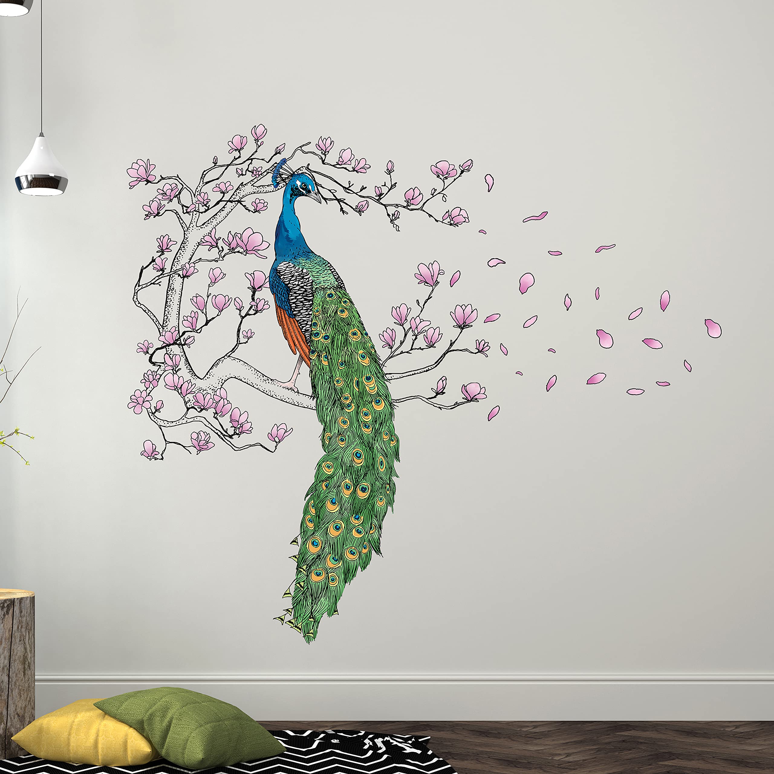 Wallflexi Wall Stickers Peacock and Magnolia Tree Wall Art Murals Removable Self-Adhesive Decals Office Home Decoration, Multi-Colour