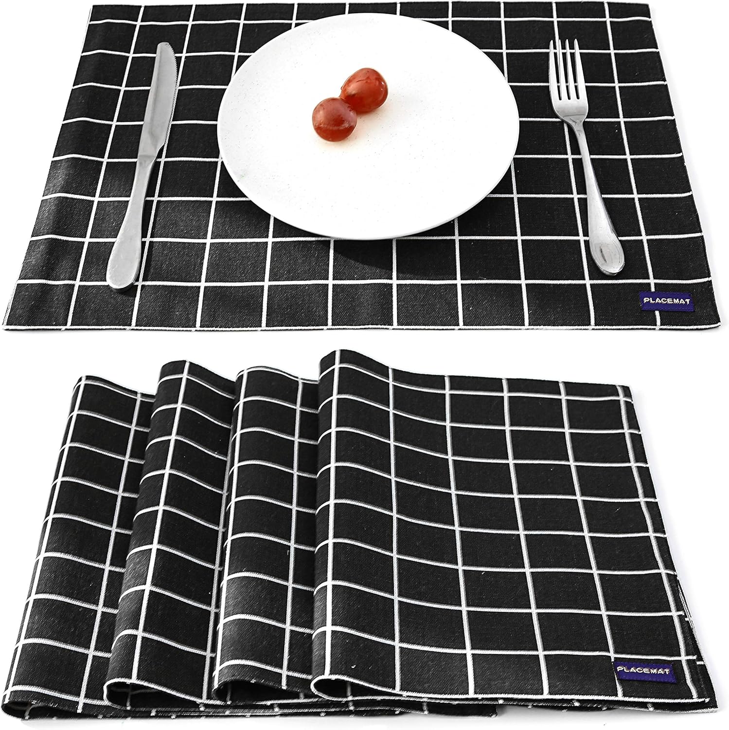 EJIAS Black Checked Fabric Placemats Set of 4 Durable Washable Soft Cloth Placemats