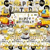 Construction Birthday Decorations, 143 PCS Dump Truck Party Decorations, Construction Birthday Party Supplies Include Banner, Backdrop, Tableware Set, Tablecloth, Cake Toppers, Balloons