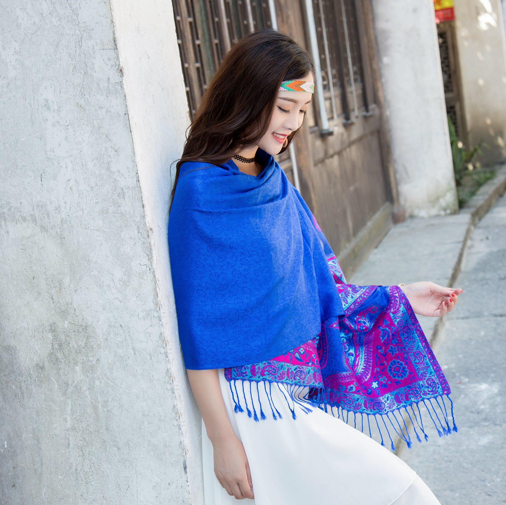 WeBizarre Women Paisley Pashmina Shawl – Soft Cotton Flax Tassel Scarf with Embroidery – Sun proof Beach Head Scarf and Wraps (blue)