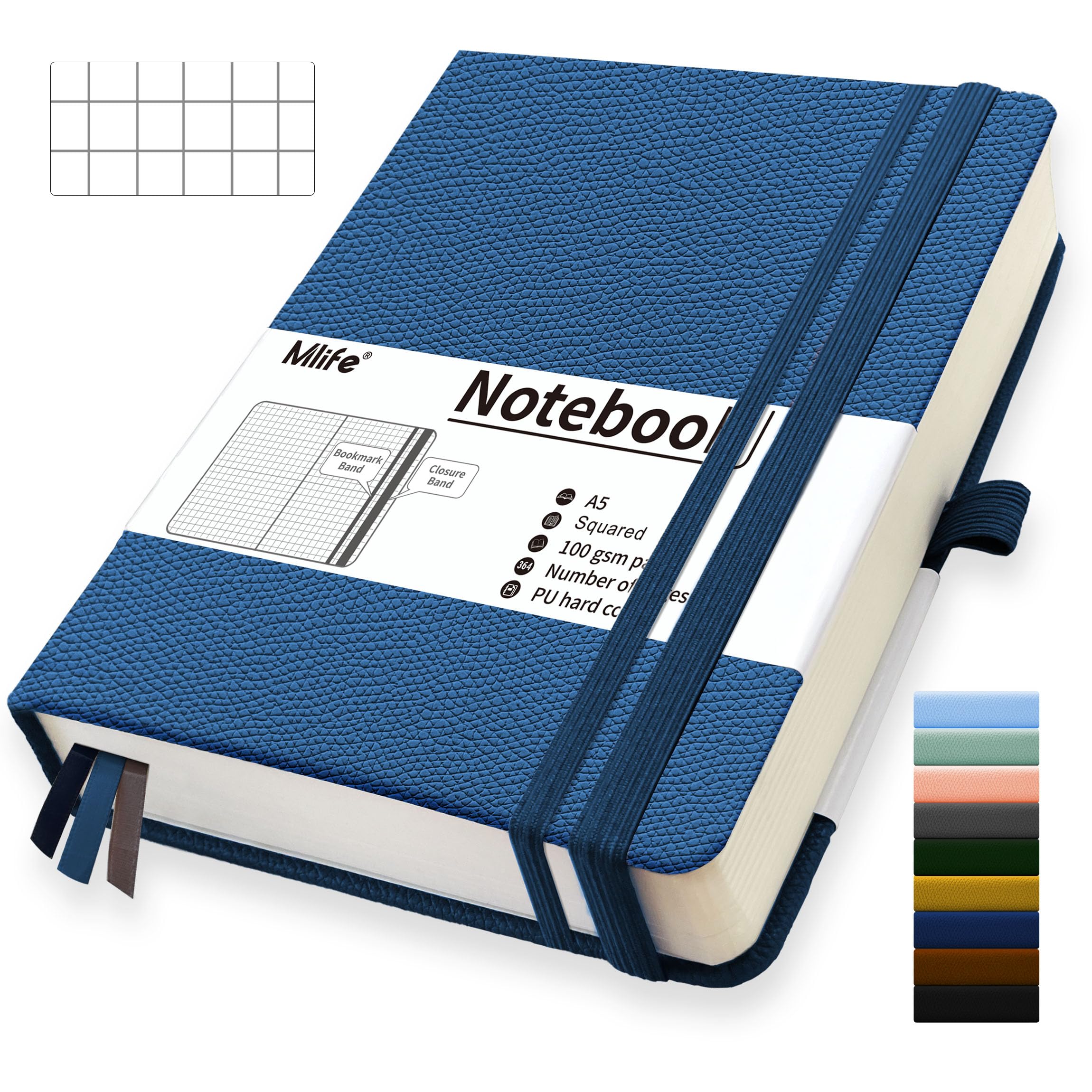 Mlife A5 Graph Paper Notebook,360 Pages Thickened Squared Notebook,Premium 100g/M² Ink Resistant Paper Thick,Pu Hard Cover Grid Notebook,Inside Pocket,Elastic Banded,Grid Paper for Writing&Diary(Blue) — image 1