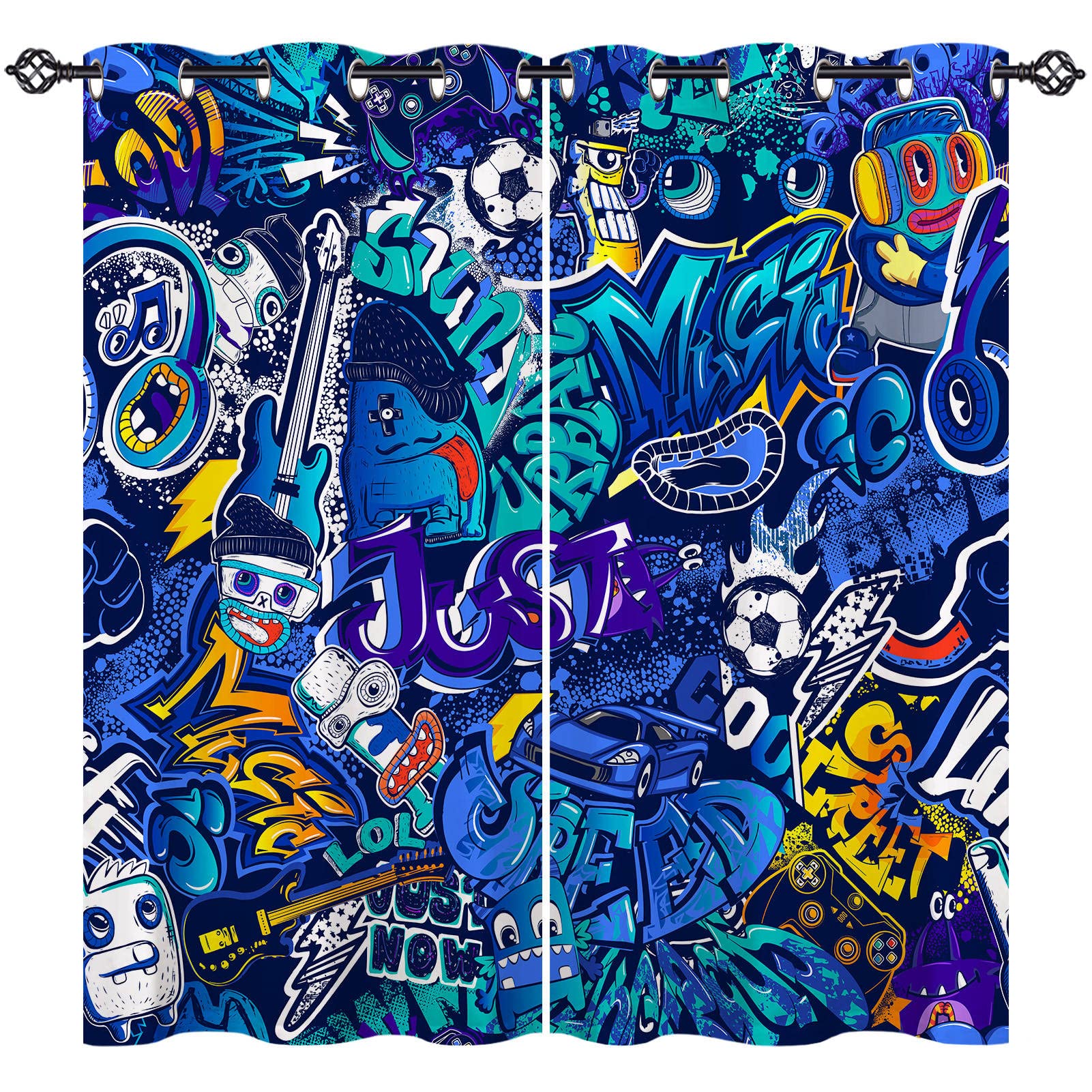 ANHOPE Graffiti Curtains Eyelet Soft Thermal Blackout Curtains Football Car Gamepad Doodle Print Pattern Soundproof Window Drapes for Kids Boys Gilrs Bedroom Living Room 46 x 54 Inch Drop 2 Panels