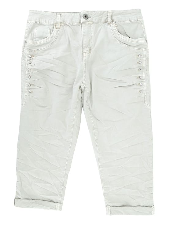 Karostar Damen Stretch Baggy Jeans Hose Glitzer Strass Pailletten Capri Shorts Bermuda M L XL XXL 3XL 4XL (8481)