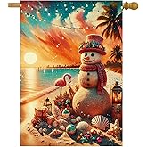 ShineSnow Snowman on Beach Flamingo Shells Sunset Palm Tree Tropical Christmas House Flag 28" x 40" Double Sided Polyester Welcome Large Yard Garden Flag Banners for Patio Lawn Home Outdoor Decor