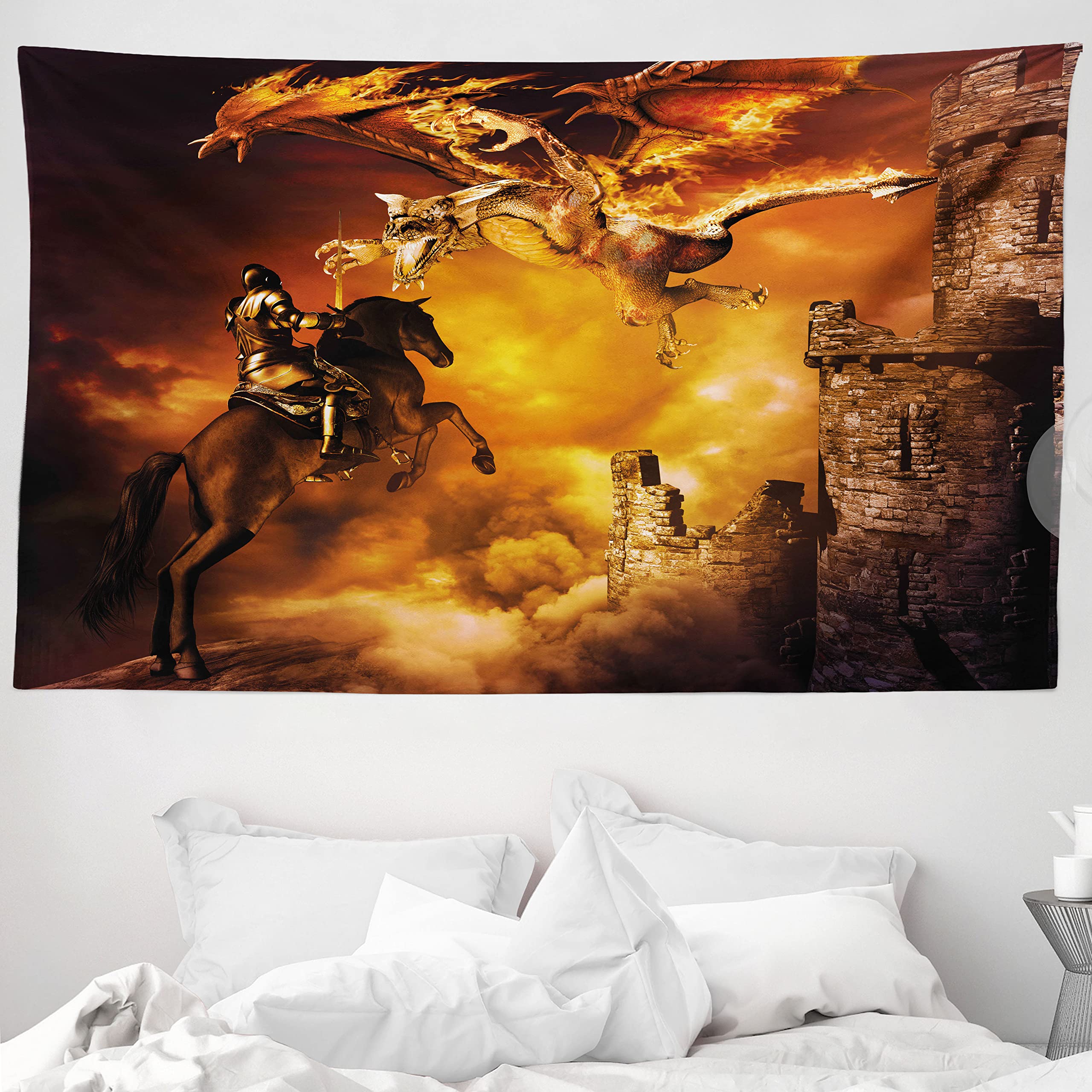 ABAKUHAUS Modern Tapestry, Kids Nursery with a Knight on a Horse Castle Mystic Fairytale Artwork Print, Fabric Wall Hanging Decor for Bedroom Living Room Dorm, 90 W X 54 L, Black and Marigold