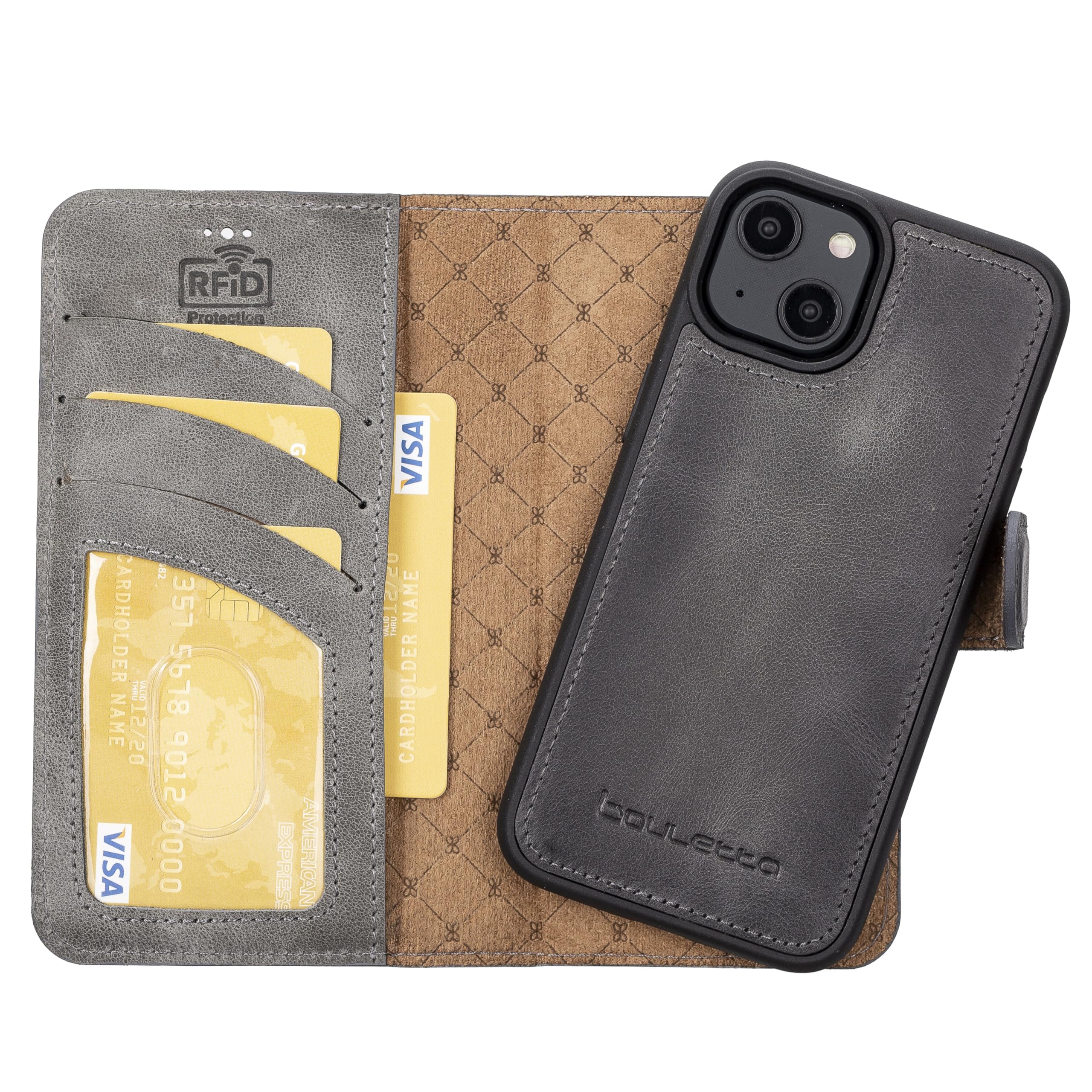 Bouletta for iPhone 14 Case Wallet Magsafe - Genuine Leather Magnetic Detachable Folio Phone Cover with RFID Card Holder 3 Slots 6.1'' for Men Women Grey