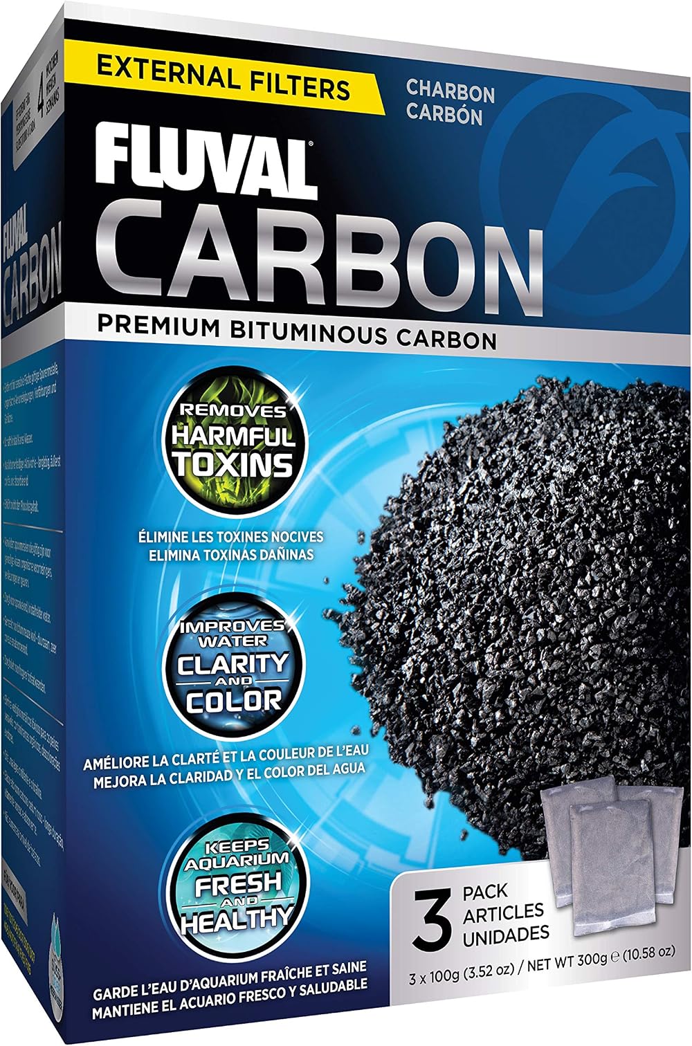 Fluval Activated Carbon 3 x 100g Sachets for Aquarium Filtration