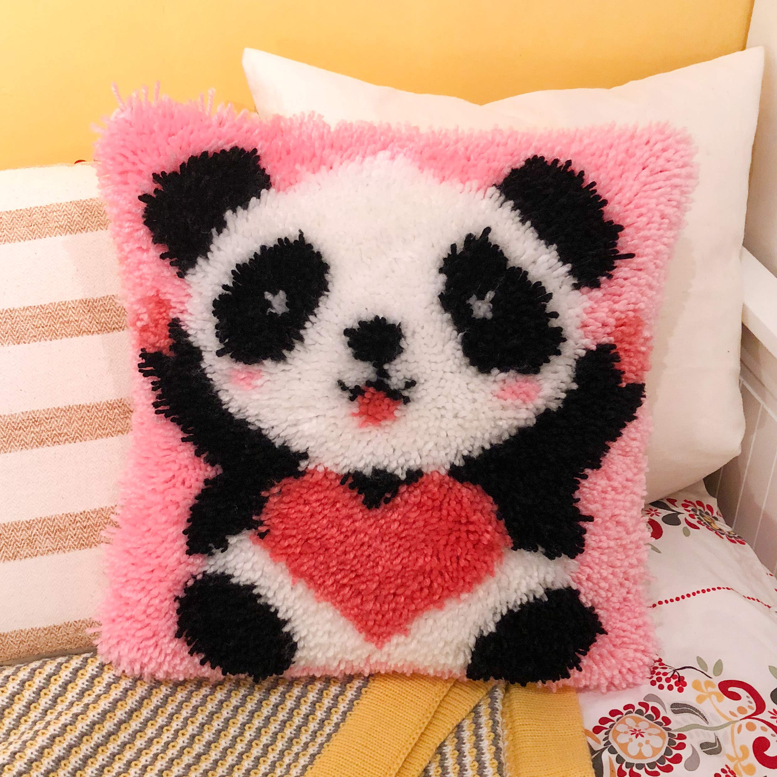 HAPYPando Latch Hook Kits for Adults/Kids Pattern Printed Latch Hook Pillow Kits Cover Everything Included Gift for Family Friends DIY Needlework Crafts for Home Sofa 17X17 Inches Panda Heart Pink