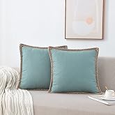 Set of 2 Farmhouse Throw Pillow Covers - Burlap Linen Trimmed Tailored Edges Decorative Cushion Covers for Bed Home Outdoor Decoration (2 Pieces, 18" x18", Teal Green/Linen Band)
