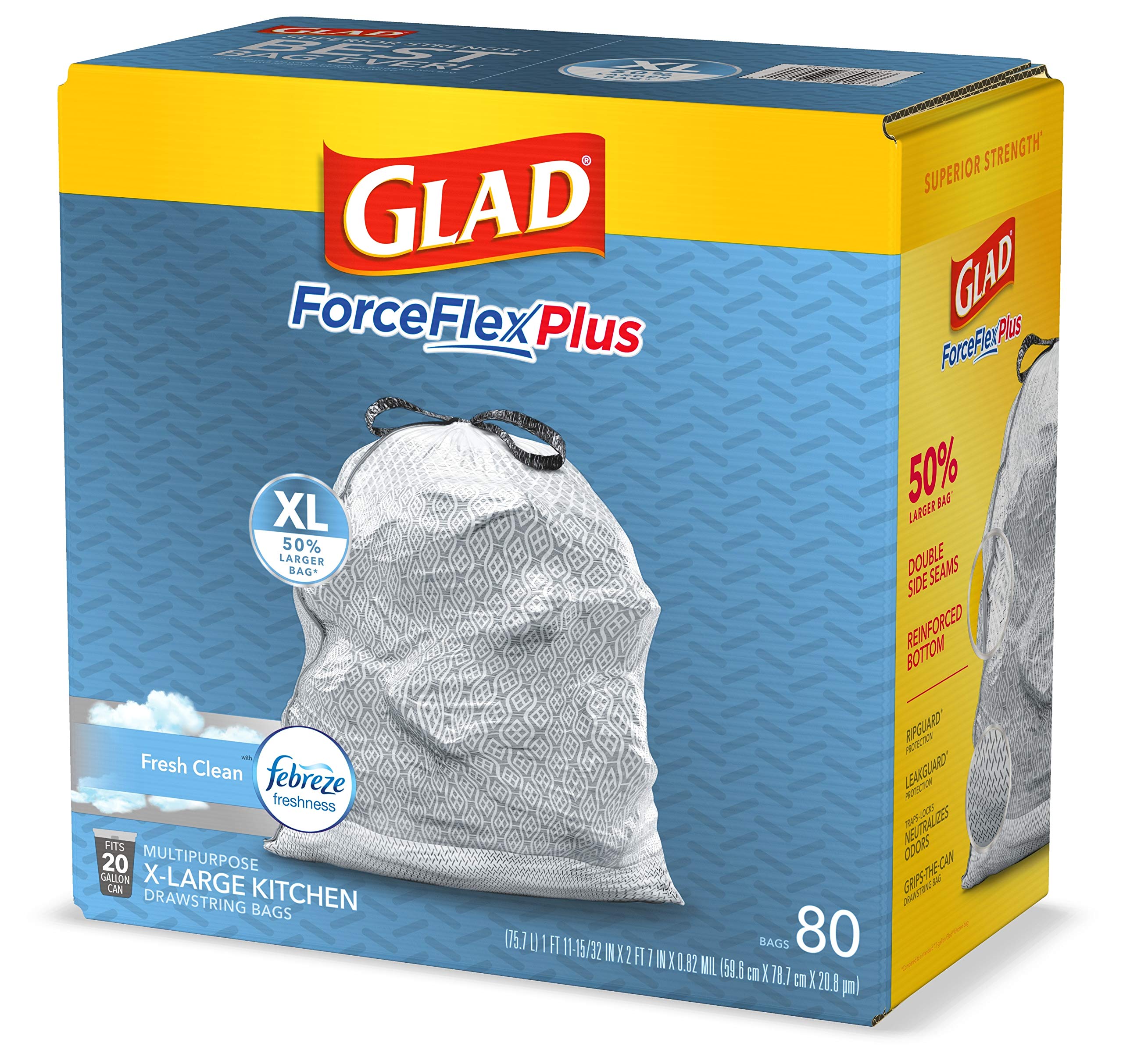Glad ForceFlexPlus XL Grey Kitchen Drawstring Trash Bags, Febreze, 20 Gal, 80 Ct (Package May Vary)
