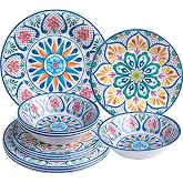 ZAROCRUS Melamine Dinnerware Sets, 12-Piece Dinner Dishes Set Service for 4 | Durable &amp; Non Breakable Plates Bowls Set, Shatterproof BPA-Free, Outdoor Dining, Picnic, Camping, RV&ndash;Paisley Talavera Design