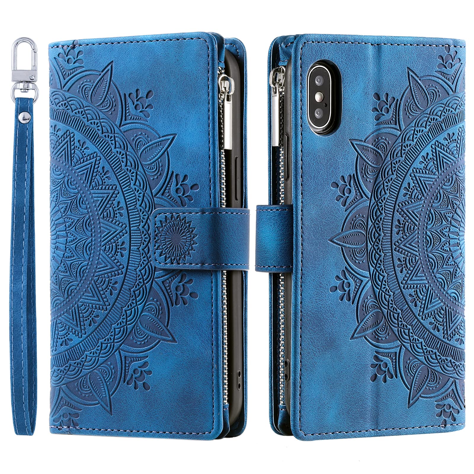 VEEMOS Wallet Case for iPhone XS MAX Flower Flip Case Protective Leather Folio Book Phone Cover with Card Slots Kickstand Zipper Pocket - Blue