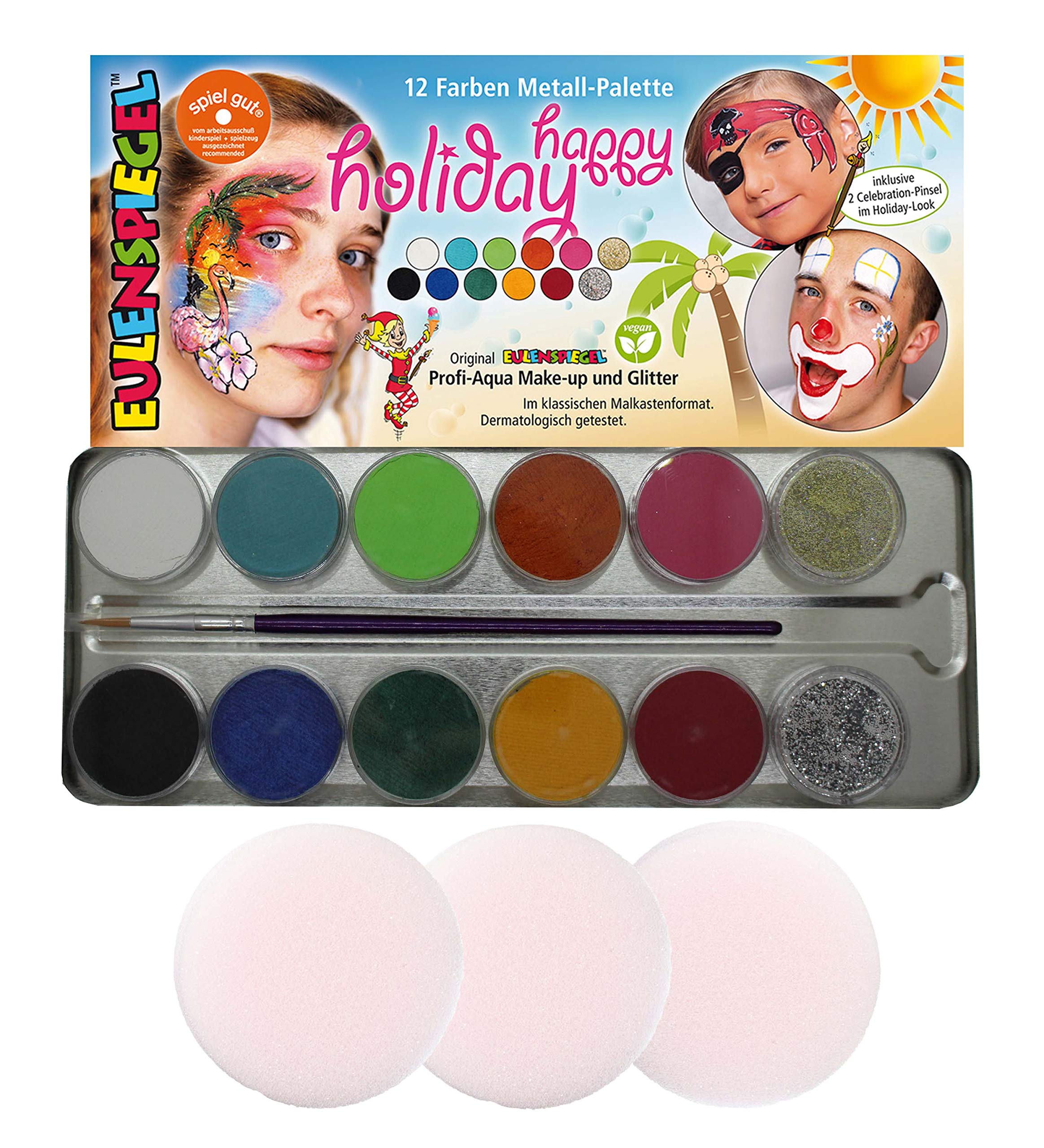 Eulenspiegel 10210106 Metall Happy Holiday 212240 Palette, Vegan, Set, Children's Make-Up, Carnival, Fancy Dress, Multicoloured