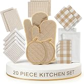 LANE LINEN 20 Piece Kitchen Linen Set - Soft Absorbent Cotton Dish Towels, Reusable Terry Dish Cloths, Flour Sack Towels for Baking, Quilted Oven Mitts &amp; Pot Holders for Everyday Cooking - Beige