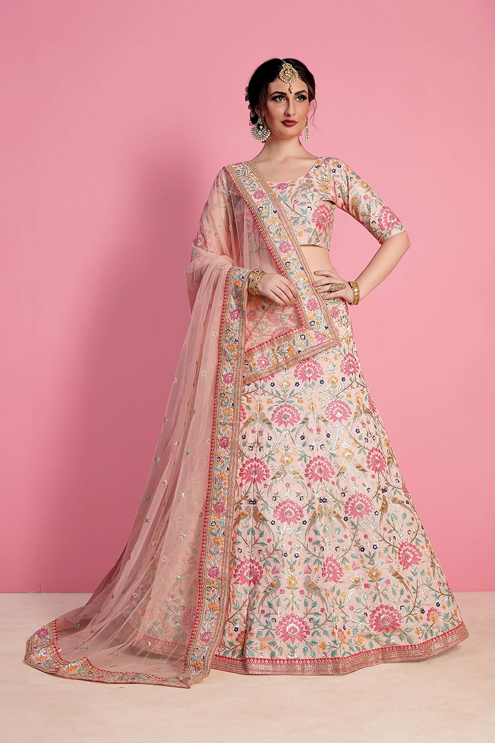 meghalya women's art silk lehenga choli (peach, free size)