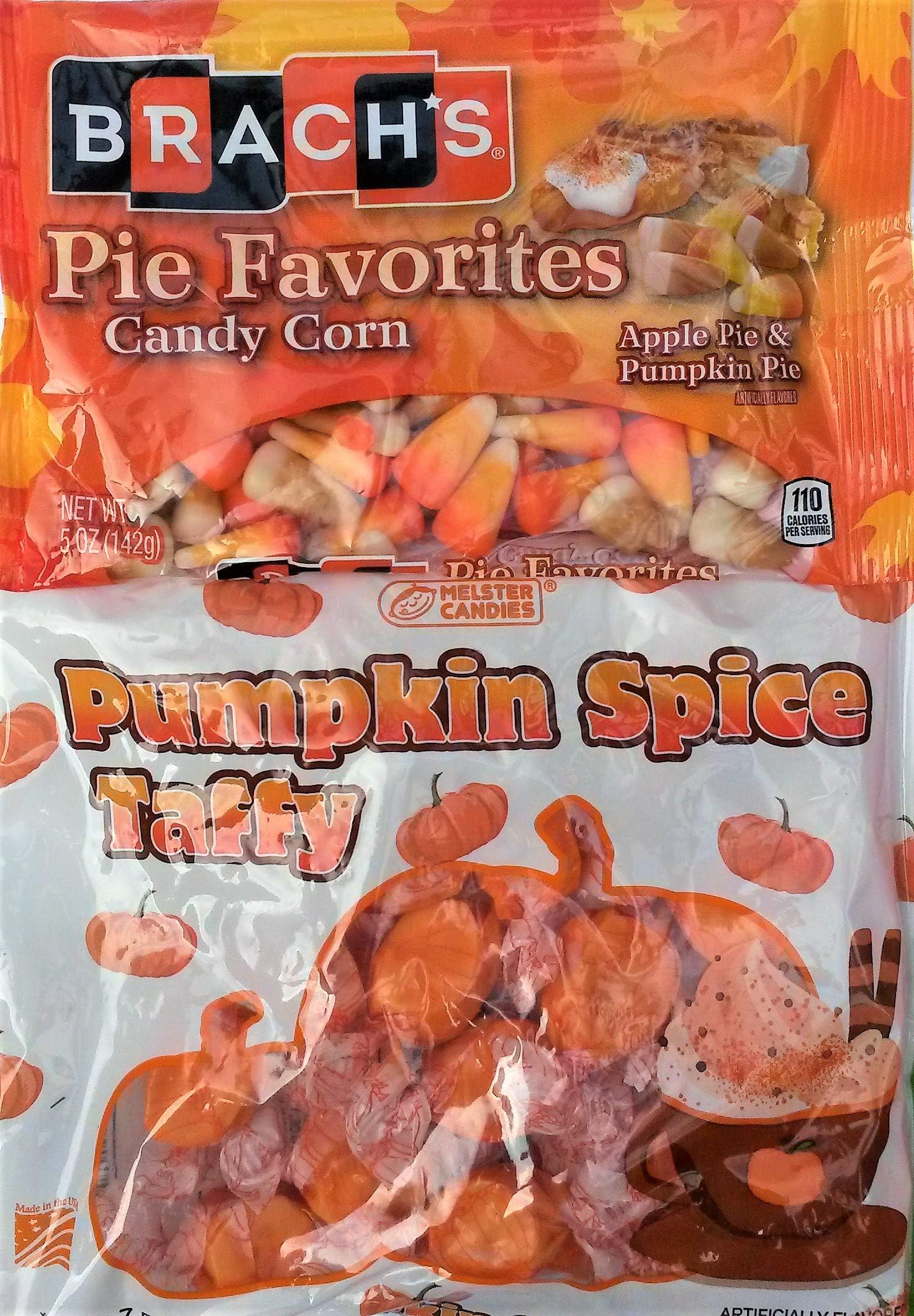 Pumpkin and Apple Lovers Taffy and Candy Corn Bundle! Includes 1 7.5oz Bag of Melster Candies' Pumpkin Spice Taffy and 1 5oz Bag of Brach's Pie Favorites Candy Corn with Apple Pie and Pumpkin Pie Fl